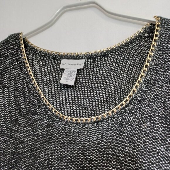 Soft Surroundings Sweater Black Metallic Gold Tone Chain Chiffon Hem Womens Med - Picture 4 of 9